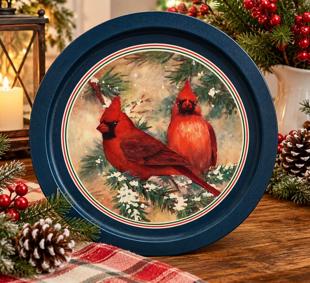 Christmas Cardinal Tin Serving Tray Round Red Birds Evergreen Holiday Decor 12"